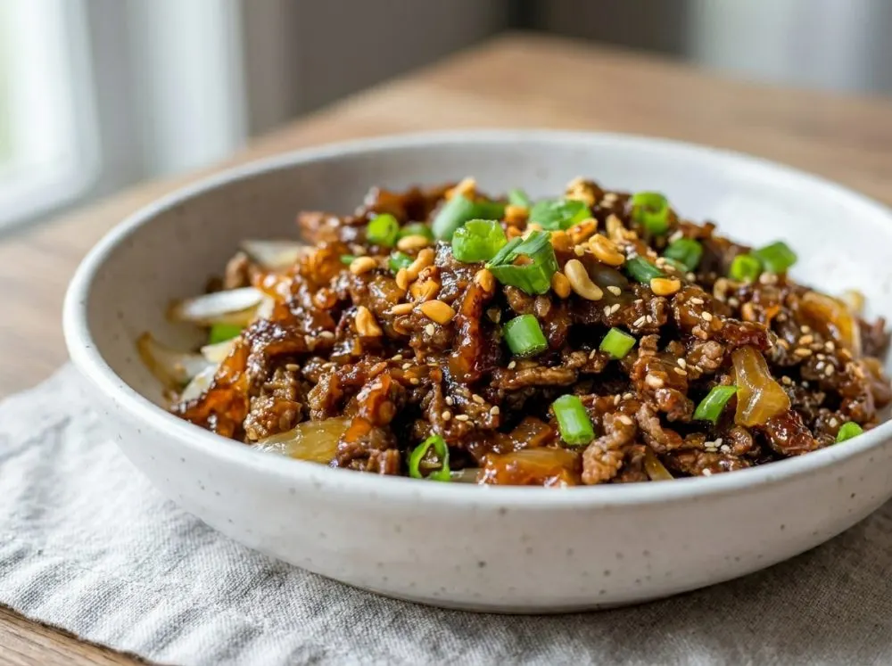 Weeknight Hoisin Beef Bowls with Rice and Crunchy Toppings