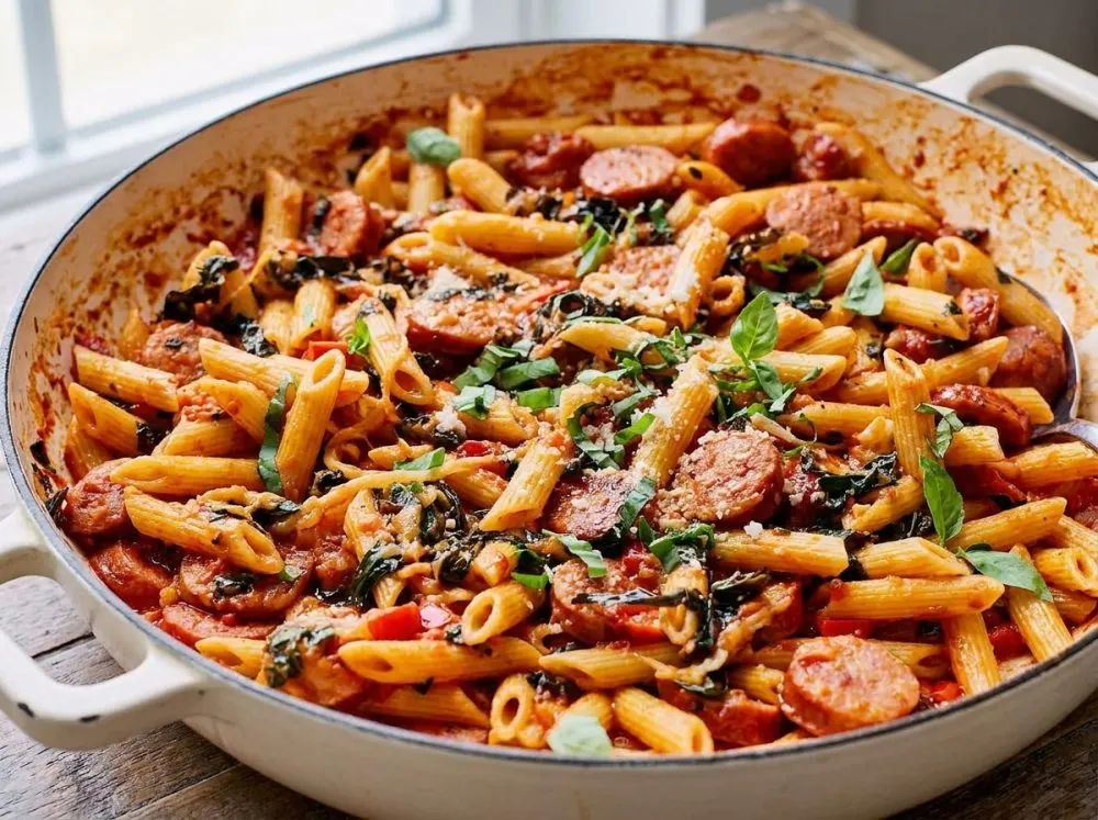 Hearty One Pot Sausage Pasta with Kale and Marinara