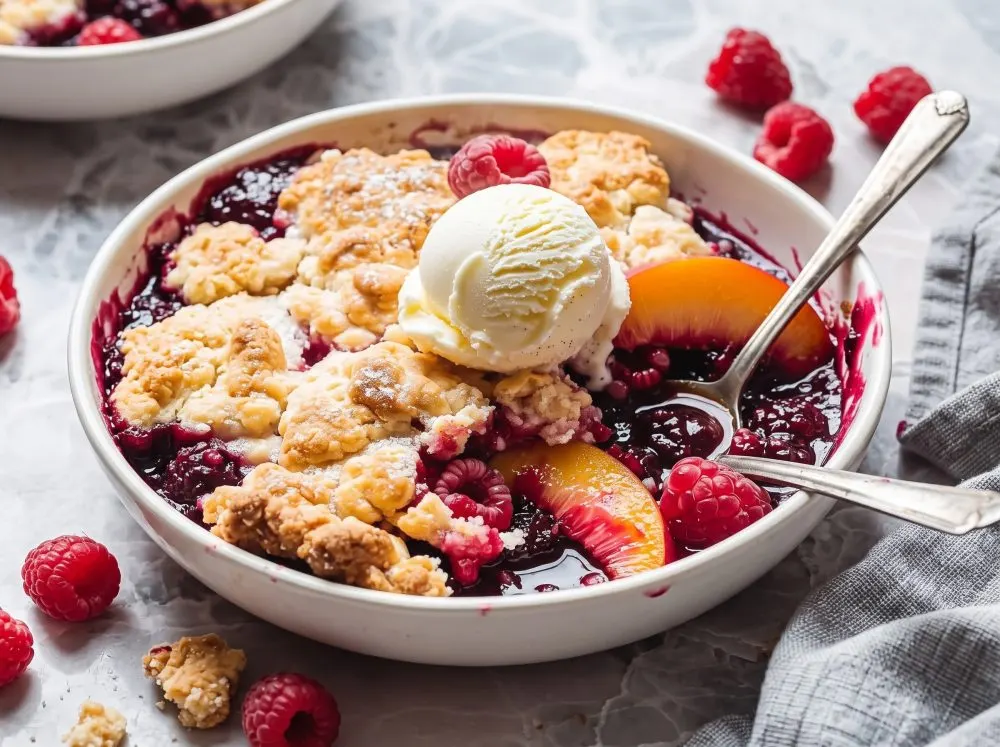 Easy Peach and Raspberry Cobbler with Almond Topping
