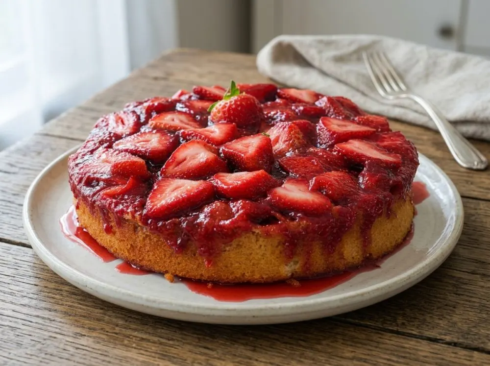 Strawberry Upside Down Cake with Buttery Vanilla Crumb