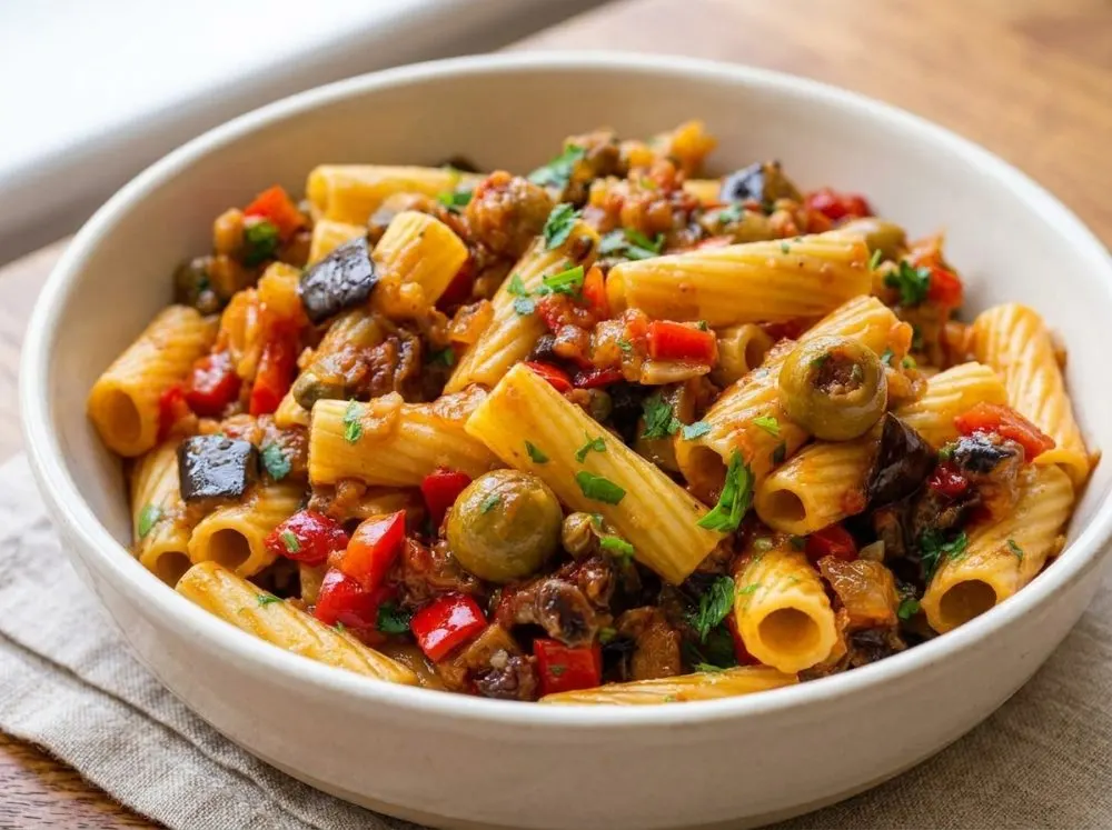 Sweet & Savory Caponata Pasta with Chargrilled Veggies