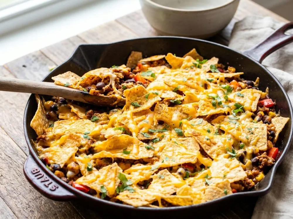 Cheesy Ground Turkey Taco Skillet with Crunchy Chips