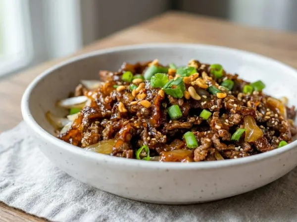 Weeknight Hoisin Beef Bowls with Rice and Crunchy Toppings