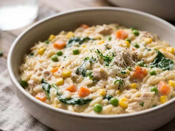 One Pot Chicken and Vegetable Parmesan Orzo Skillet