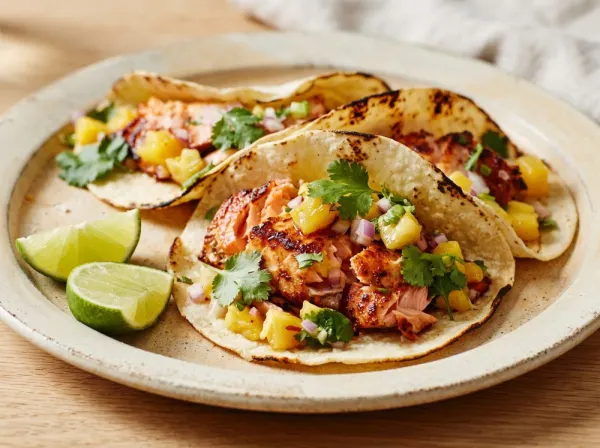 Salmon Tacos with Pineapple Salsa and Lime Slaw