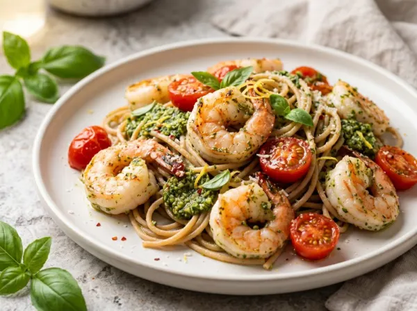 Weeknight Pesto Shrimp Pasta with Burst Tomatoes