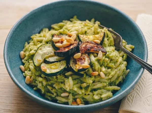 Creamy Pesto Orzotto with Wilted Spinach
