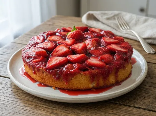 Strawberry Upside Down Cake with Buttery Vanilla Crumb