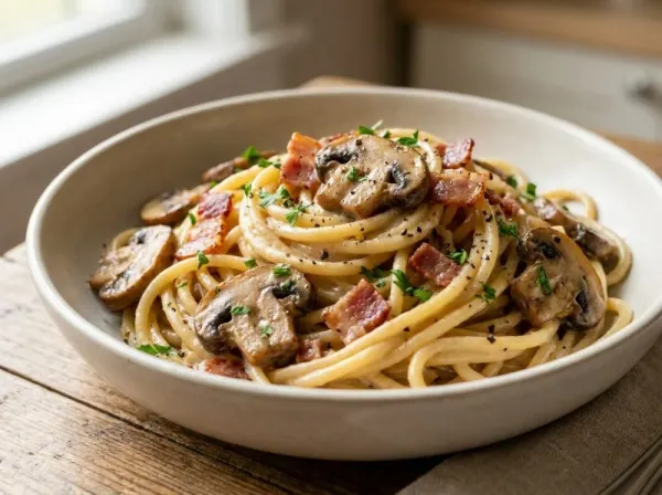 Creamy Bacon and Mushroom Pasta with Pesto