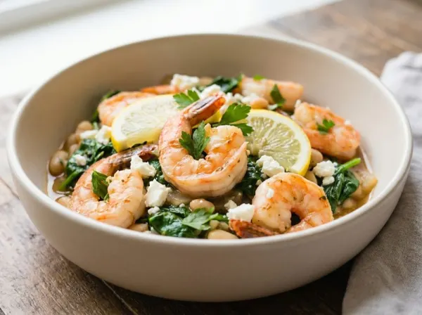 Skillet Shrimp and White Beans with Spinach and Feta